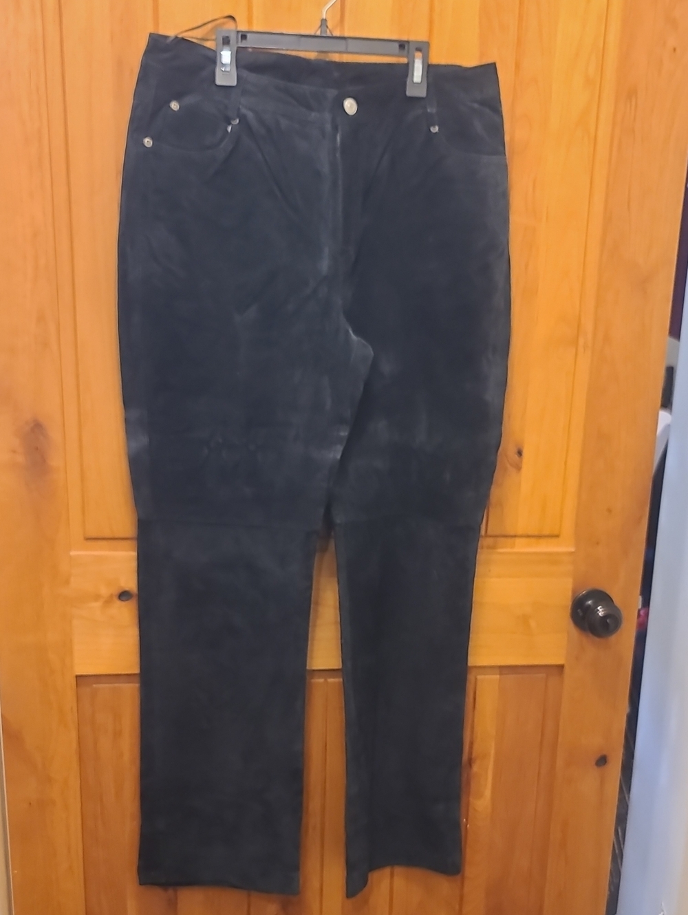 Classic Black Suede Leather Straight-Leg Pants